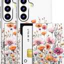 Compatible for Samsung Galaxy S26 Case with Card Holder Cute - Kawaii Design Military-Grade Drop Protection Rugged Wallet Cases for Women (White Pink Flower Fields)