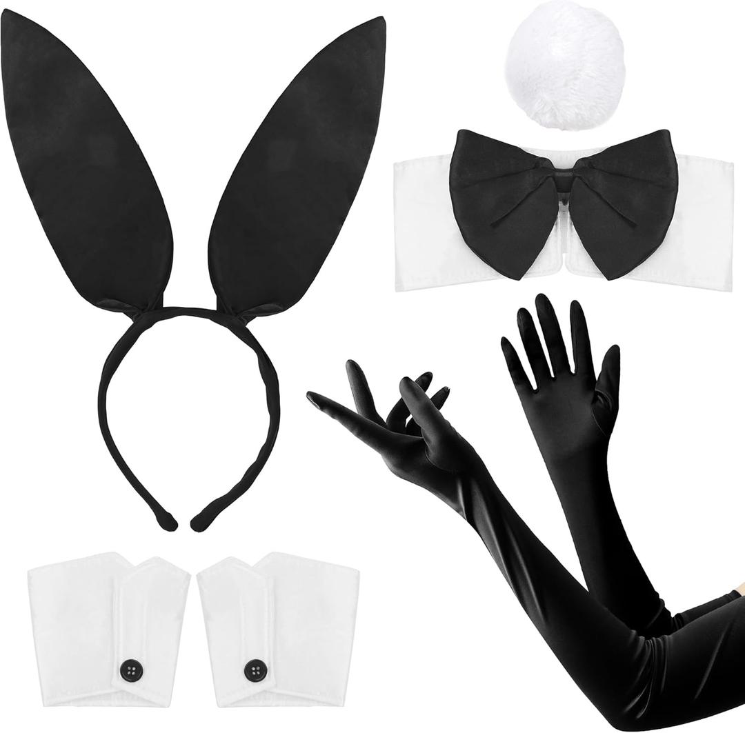 Bunny Costume Set Rabbit Ear Headband Bow Tie Collar Long Gloves Costume Cuffs Bunny Tail Accessory for Easter Party