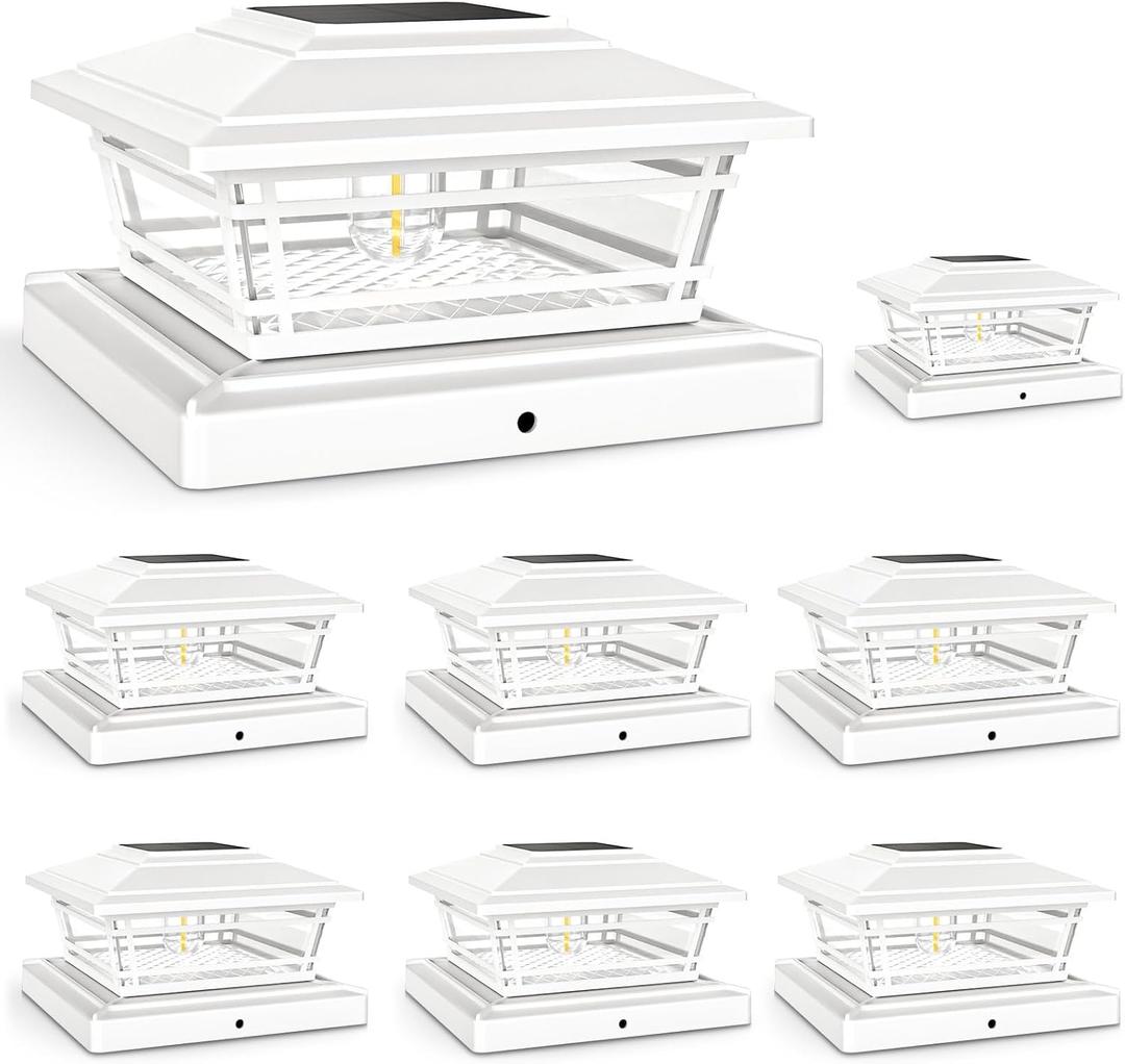 APONUO 5x5 Solar Post Cap Lights White, 8 Pack Solar Fence Post Lights - Adjustable Brightness Warm White, IP64 Waterproof, Vintage Edison Bulb - Fits 4x4 5x5 6x6 Wood Vinyl Fence & Deck Posts