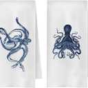 Coastal Octopus Kitchen Towels Set of 2, Coastal Beach Dish Tea Towels for Kitchen Decor, Blue and White Beachy Decorative Hand Towels, Octopus Bathroom Decor, 16x24 Inches