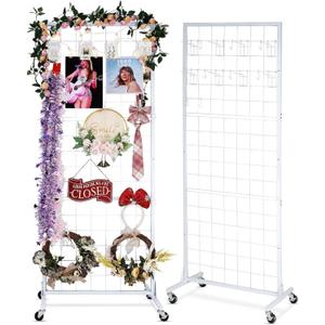 Gridwall Panel Display Stand Rack- Heavy-Duty Movable Wire Gridwall Display Racks with Wheels and Feet, Floorstanding and Wall Mount Double Side Display Stand (Black) (White, 2 pcs)