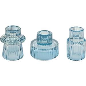 Double Sided Vintage Ribbed Taper Glass Candle Holders,Tea Candle Holder for Table Centerpieces, Wedding Decorations and Dinner Parties (Bule, 3 PCS)