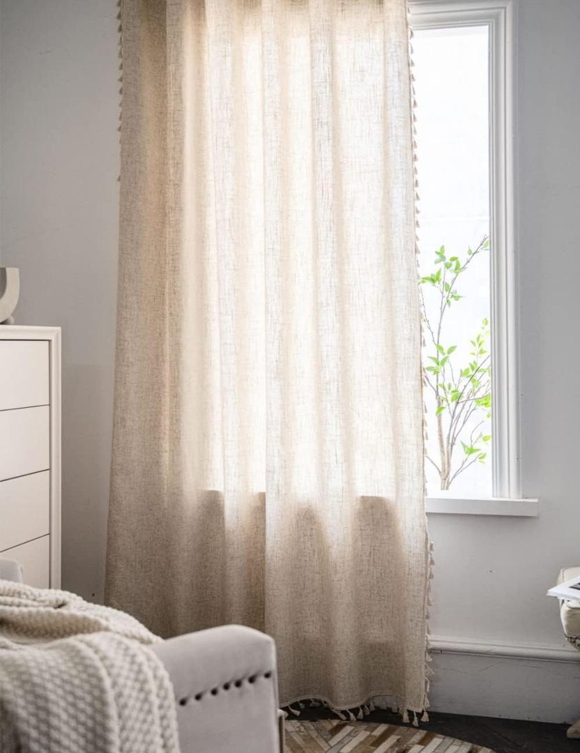 AMZALI Cotton Linen Textured Curtains with Tassel Semi-Blackout Drapes Farmhouse Window Curtain Panels Rod Pocket Curtain for Living Room Bedroom One Panel 84 Inch Length (Beige)