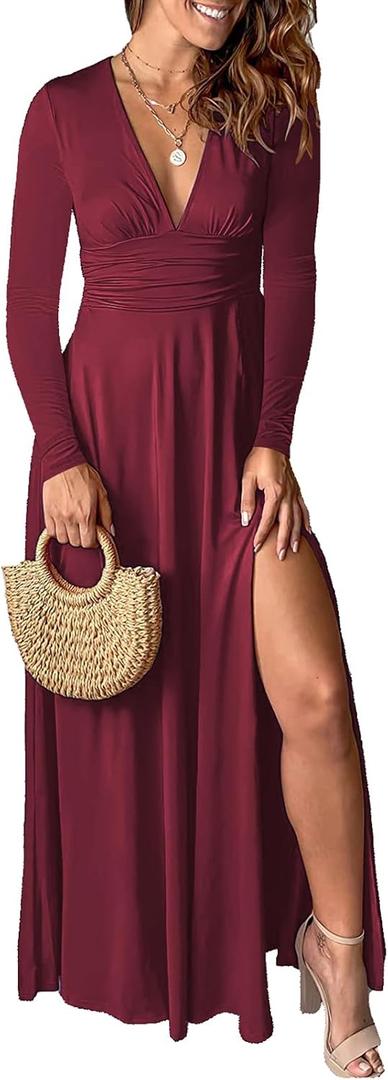 Yuopeid Women's Sexy Deep V Neck Solid Color Pleated High Waist Slit Club Party Evening Long Maxi Dress, Red, Large