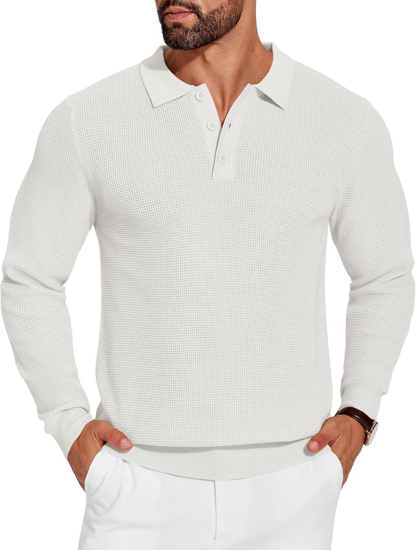 COOFANDY Mens Knit Polo Shirts Long Sleeve Casual Polo Sweaters Shirt Waffle Textured Collared Sweater (White, XXXL)