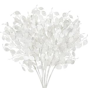 Oairse 8 Pcs Christmas Tree Picks and Sprays White Glitter Christmas Picks 26.8" Christmas Glitter Eucalyptus Leaves Stems for Christmas Tree Filler Branches Wreaths Centerpieces Holiday Decorations