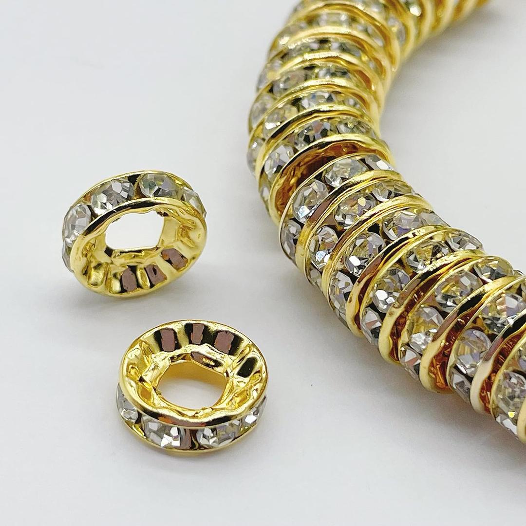 200 PCS Large Hole (4.5MM) Beads for Jewelry Making 10MM Gold Plated Beads for Bracelets Making Rhinestone Crystal Beads Fit European Bracelets Snake Chain