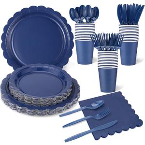 175 Pcs Navy Blue Plates and Napkins, 25 Guest Navy Blue Party Supplies Inlcudes Scalloped Plates Napkins Cups Plastic Cutlery for Birthday, Wedding, Picnic