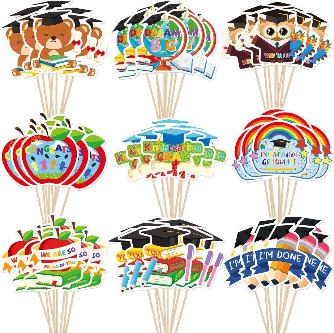 SANNIX 72Pcs Kindergarten Graduation Cupcake Toppers 2025 Kindergarten Graduation Cupcake Picks Decorations Preschool Cupcake Toppers for School Class Activity Grad Party (9 Design)