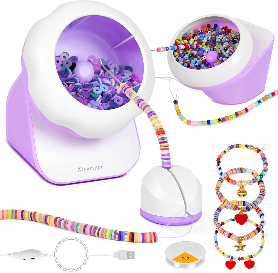 Clay Bead Spinner and Seed Bead Spinner, Electric Bead Spinner for Jewelry Making, Bracelet Spinner and Necklace Making Machine with Bead Needles and Thread (Purple), (Beads Not Included)