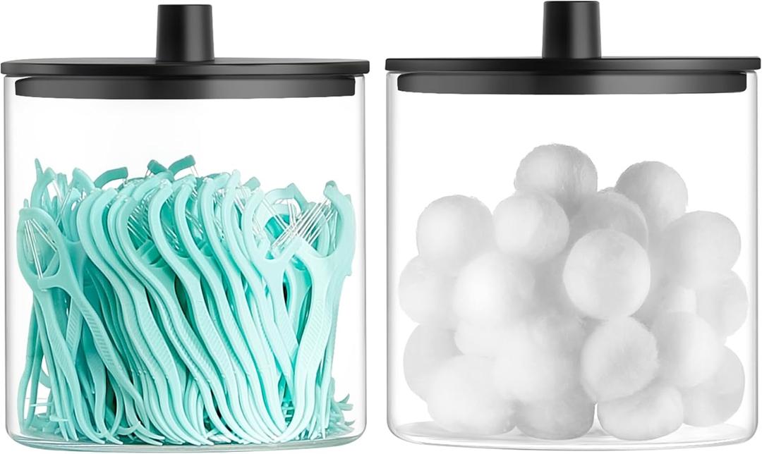 TIPGO Glass Qtip Holder Dispenser - 24 oz Clear Canister Jar, Bathroom Vanity Storage Organizer for Cotton Swabs, Pads, Floss Picks, Small Containers for Makeup Storage (Black)
