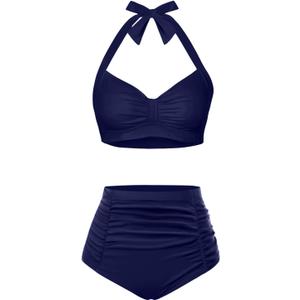 Holipick Women High Waisted Bikini Set Two Piece Swimsuit Tummy Control Bathing Suit Vintage Halter Swimwear (X-Small, Navy Blue)