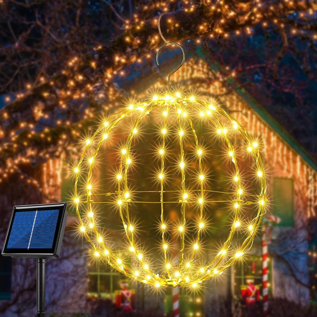 Outdoor Solar Ball Lights -12 Inch 120 LED Outdoor Garden Solar Hanging Tree Lights with 8 Lighting Modes,Memory Function Waterproof for Outdoor Decoraction (Warm White, 12 Inch)