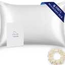 Alaska Bear Silk Pillowcase for Hair and Skin, 100% Mulberry Silk Pillow Cases Queen Size for Beauty Sleep with Random Scrunchy Gift Set Better Than Poly Satin Cover, 1pc, Cool White