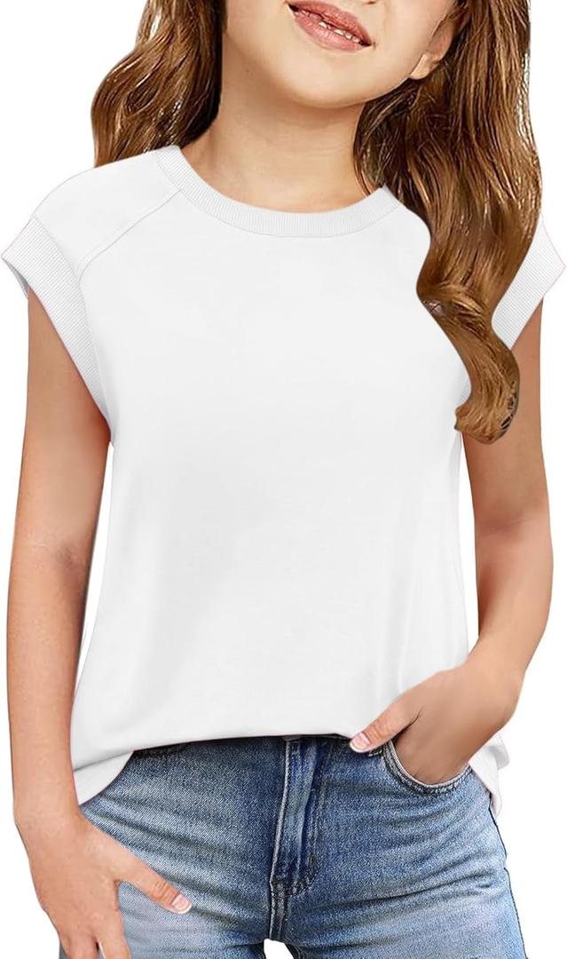 Floral Find Girls Casual Crewneck Cap Sleeve T Shirts Summer Tunic Tops Loose Fit Cute Tee, White, 12-13Y