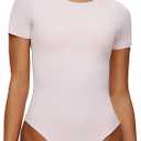 NANJI Short Sleeve Bodysuit for Women - Crew Neck Slim Fit Thong Body Suit, Stretch Double Lined Snap Tops, Casual Going Out Medium