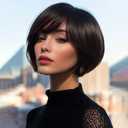 MIMAN 8 Inch Chin Length Bob Wigs for Black Women Human Hair Glueless Wig Short Black Layered Wavy Pixie Wigs with Bangs Natural Black Hair Replacement Wig