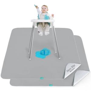 Splat Mat 2 Pack for Under High Chair & Arts & Crafts & Eating Mess, Waterproof 42''x46'' Baby Playtime Anti-Slip High Chair Mat for Floor or Table, Reusable & Portable Splash Mat (Grey)