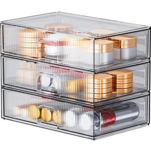 ZHIAI Stackable Storage Drawer, 3 Piece Acrylic Organiser for Cosmetics and Beauty Products, Suitable for Dressers, Bathrooms, Cabinets, Storage Rooms, Bedrooms and Home Organisers