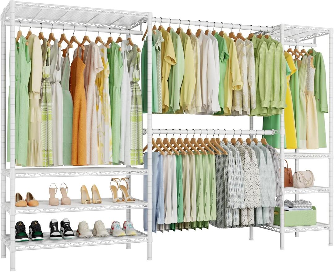 Ulif E11 Heavy-Duty Garment Rack, Metal Freestanding Clothes Rack and Closet Storage Organizer with 8 Shelves and 4 Hanger Rods, (73.2 - 97.6)"W x 14.5"D x 71.2"H, Load 1034 LBS, White