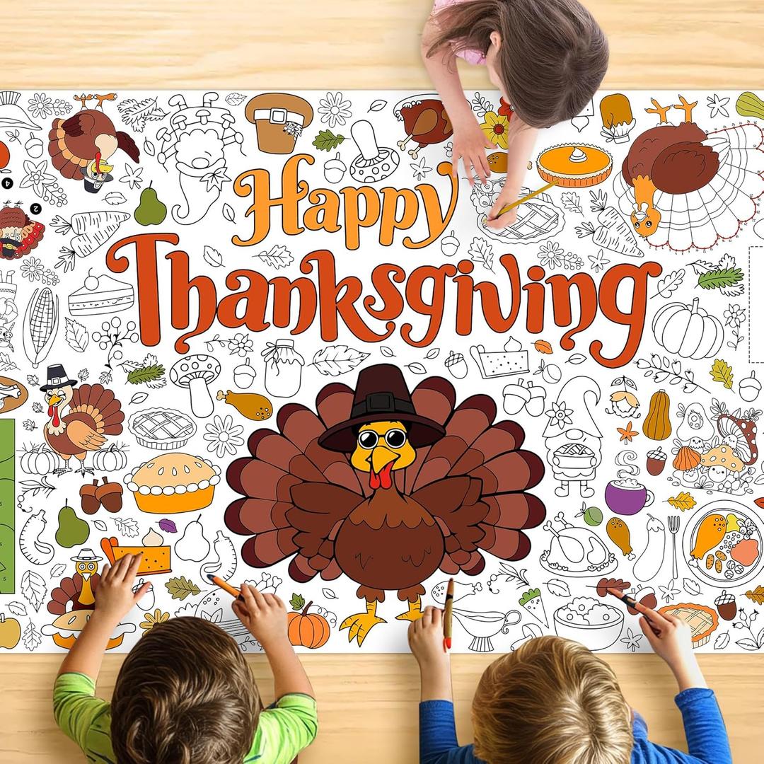 JOYGATHER Thanksgiving Coloring Tablecloth for Kids, Giant 30x72 Inch Poster with Turkeys, Pumpkins, Harvest Symbols, Perfect for Party Games, Classroom Activities, Arts Crafts, Indoor Holiday Decor