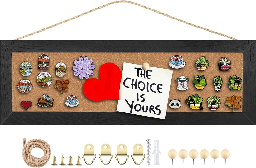 Cork Board Bulletin Board, 5.5x16.5inch Small Enamel Pin Board, Bulletin Board for Wall, Pin Board Cork Board for Brooch Pin Storage Display (Black)