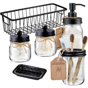 SheeChung 6Pcs Mason Jars Bathroom Accessories Set Complete - Toothbrush Holder, Lotion Soap Dispenser, 2 Mason Jars, Soap Dish, Toilet Paper Basket, Rustic Farmhouse Decor (Black, 6Pcs Bathroom Set)