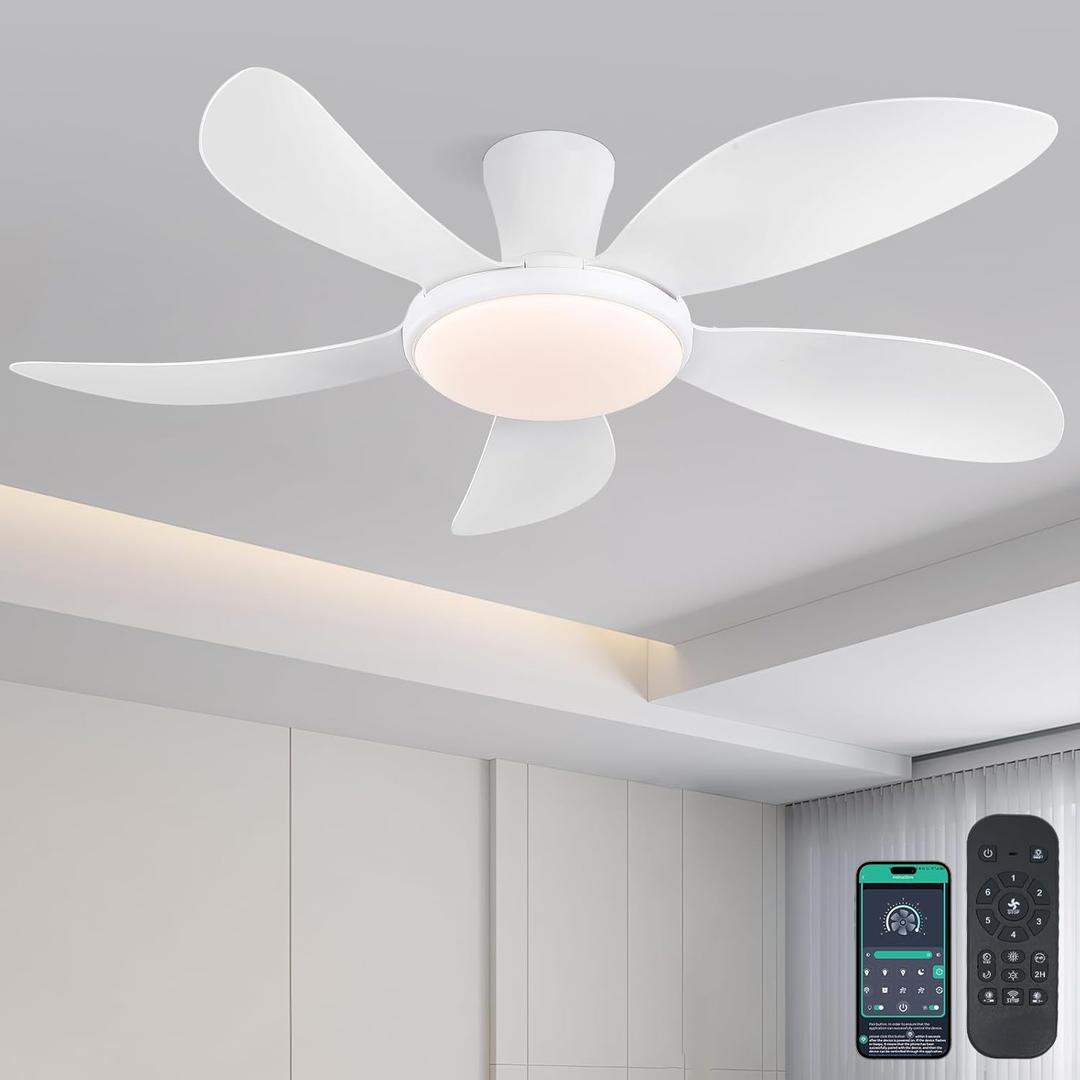 48" Modern White Ceiling Fans with Lights and Remote/APP,Low Profile Ceiling Fans with Quiet Reversible DC Motor, Dimmable 3 Colors Led, 6 Wind Speeds