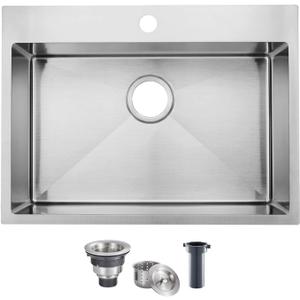 SHACO 25x18 Inch Drop In Kitchen Sink, 25 Inch Top Mount Stainless Steel Bar RV Laundry Utility Outdoor Sink, Brushed Nickel 16 Gauge Deep Small Kitchen Single Bowl