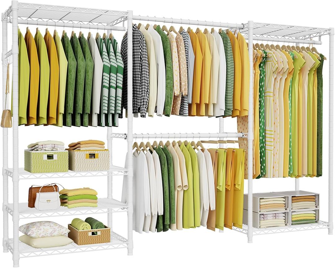 Ulif E1 Heavy Duty Closet Garment Rack, 6 Tiers Adjustable Metal Freestanding Expandable Clothing Storage with 4 Hanger Rods, Easy to Assemble Wardrobe, 71.4" H x (70" - 88.2") L x 14" D, White