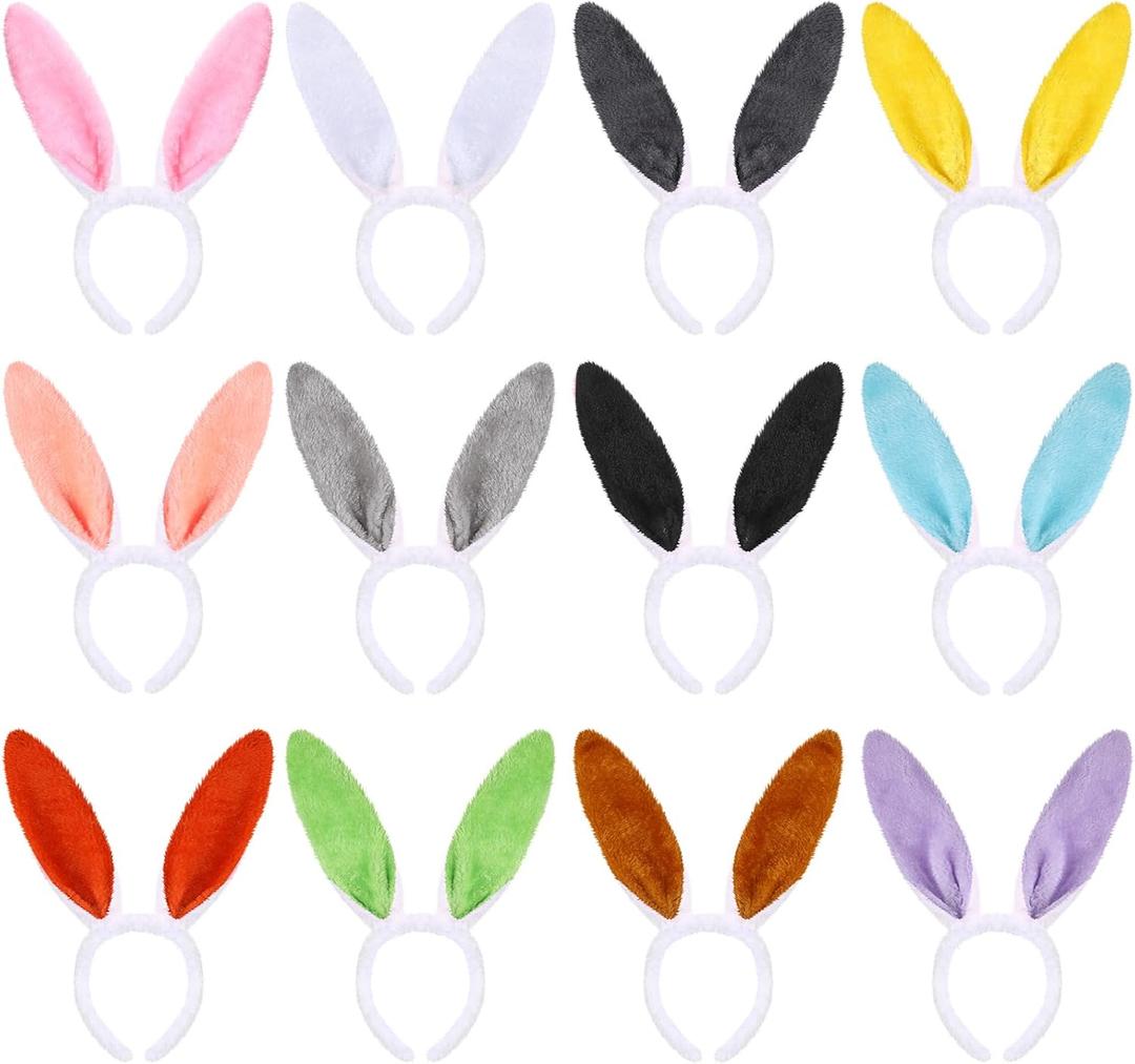 WILLBOND 12 Pcs Easter Plush Bunny Ears Headband Cute Rabbit Ear Hairbands for Dress up Theme Party (Multicolor)