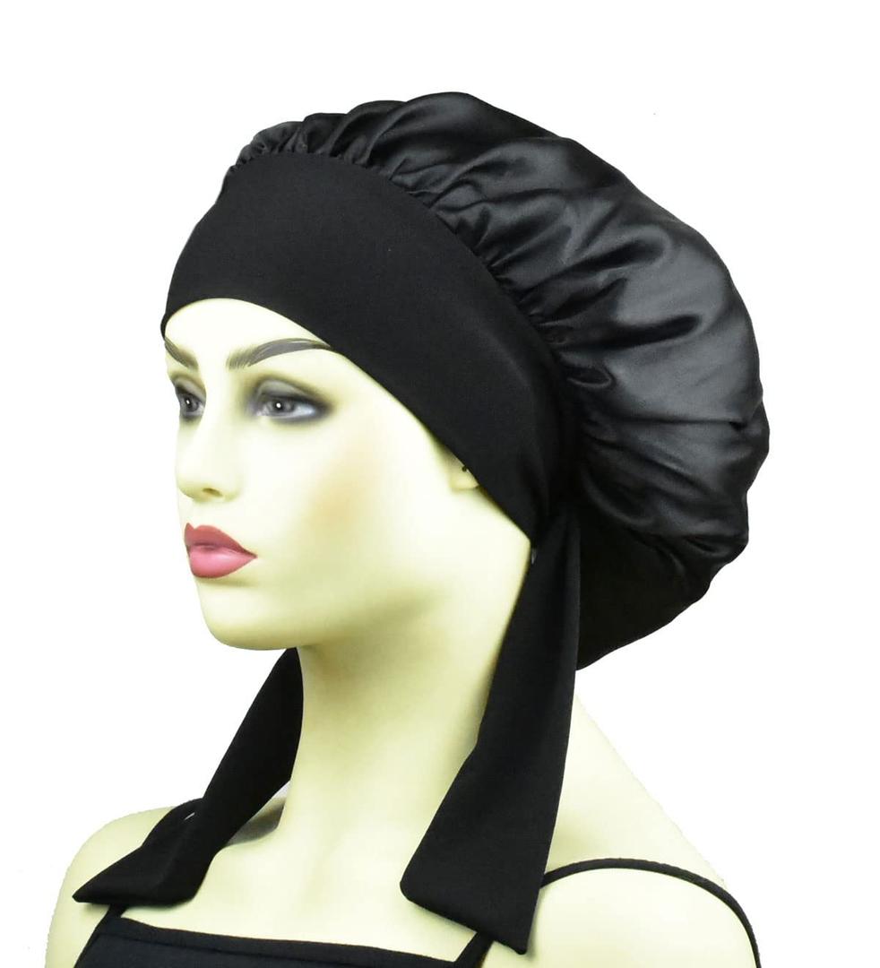 Double Layer Silk Bonnet for Sleeping Women Long Curly Hair Braids, Large Silk Lined Sleep Caps, Satin Bonnet with Tie Band
