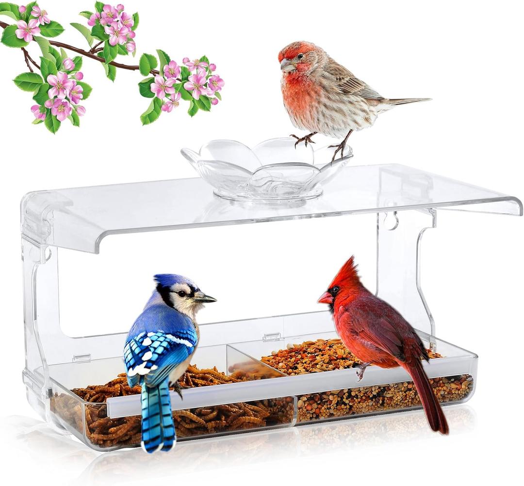 Window Bird Feeder with Non-Marking Self-Adhesive Hooks, Clear and Transparent, Outdoor Wild Bird Watching Gift, Garden Decor (Standard)