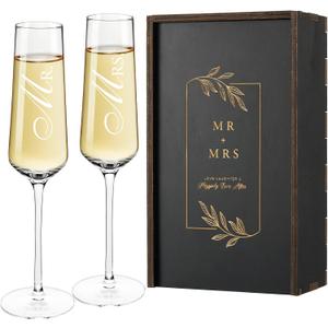 AW BRIDAL Mr and Mrs Gifts Wedding Champagne Flutes, Engagement Gifts for Couples and Newlyweds, Bride and Groom Champagne Glasses with Wood Keepsake Box,Bridal Shower Gifts for Bride to Be, Set of 2 Wooden box