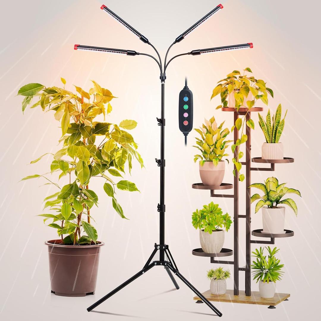 FRGROW 4Head Grow Light with Stand for Tall Indoor Plants, Bonsai Tree, Bright Full Spectrum Plant Growing Lamps, 4/8/12/16/20H Timer, 36 Watt Power Draw, NO Need Adapter, 360 Gooseneck