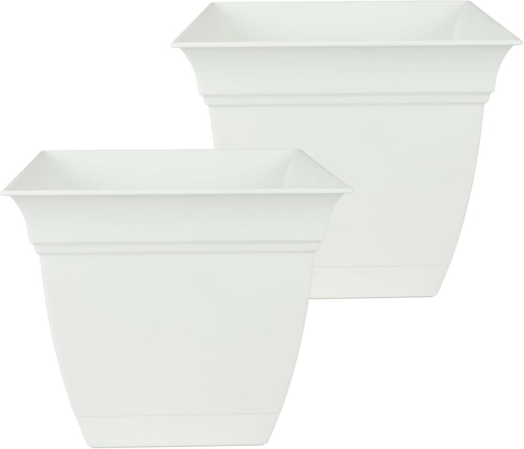 The HC Companies Eclipse Square Plastic Planter w/Attached Saucer - Outdoor & Indoor Plant Pot with Drainage Holes - Lightweight, UV-Resistant Plastic Pots for Plants (12" White, Pack of 2)