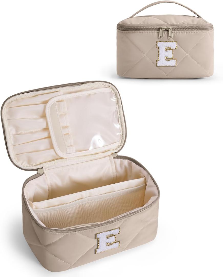 Wandering Nature Puffer Initial Makeup Bag, Personalized Travel Make Up Organizer Cosmetic Bags with Brush Holder and Divider, Gift with Chenille Letter for Moms, Wives, Girlfriend, Besties (E, Beige)