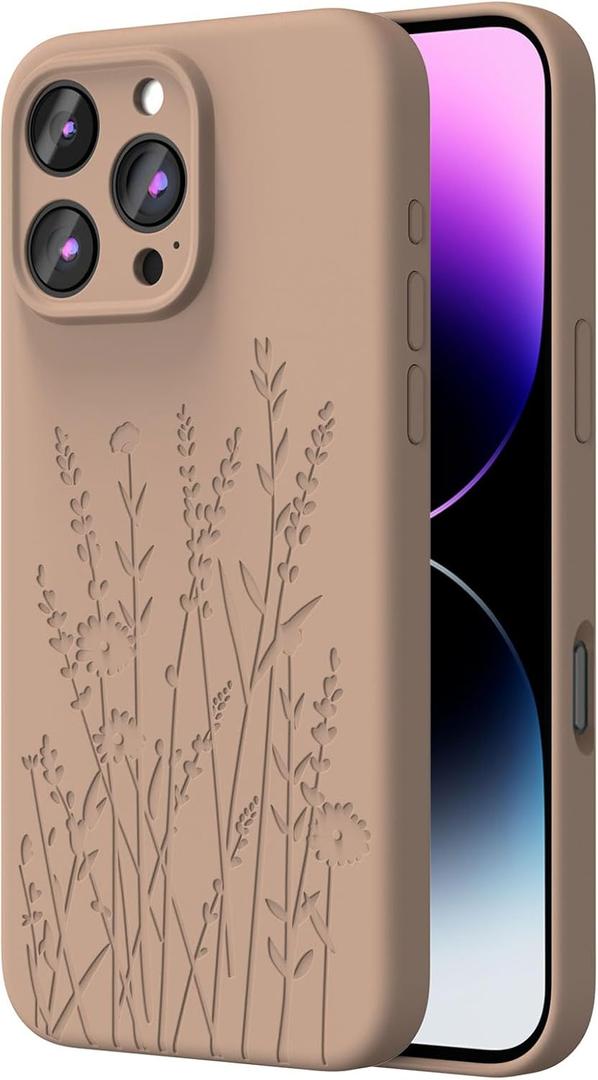 OAOA Magnetic Engraved Case Compatible with iPhone 16 Pro Case, Compatible with Magsafe, Camera All-Round Protection, Slim Liquid Silicone Phone Case for Women Girls, Light Brown Flower