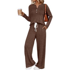 LILLUSORY Womens 2 Piece Lounge Sets Matching Airport Travel Outfits 2026 Spring Clothing Fall Pajamas Sweat Suits Pockets (Small, Chocolate Brown)