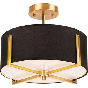 Edwarmlux 3Light Semi Flush Mount Ceiling Light Fixture, 13.7" Gold Drum Light with Black Fabric Shade, Modern Close to Ceiling Lamp for Living Room Bedroom Dining Room Kitchen Hallway Entry Foyer