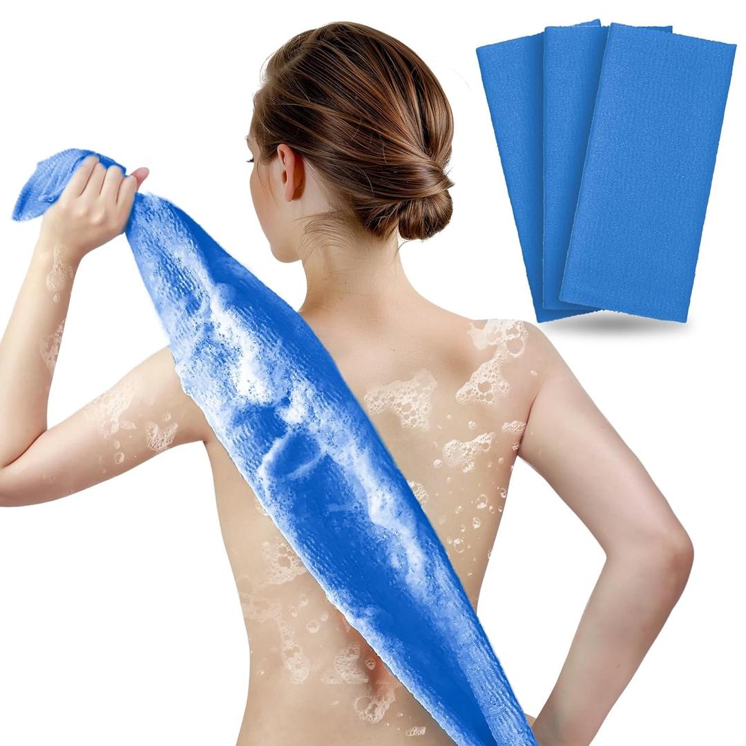 ARCH&M Exfoliating Shower Towel 35-Inch Japanese-Style Back Scrubber for Shower, Textured Poly Nylon Body Exfoliating Washcloth for Back Acne, KP & Ingrown Hairs, Quick-Dry, 3 Pack (Navy-Blue x 3)