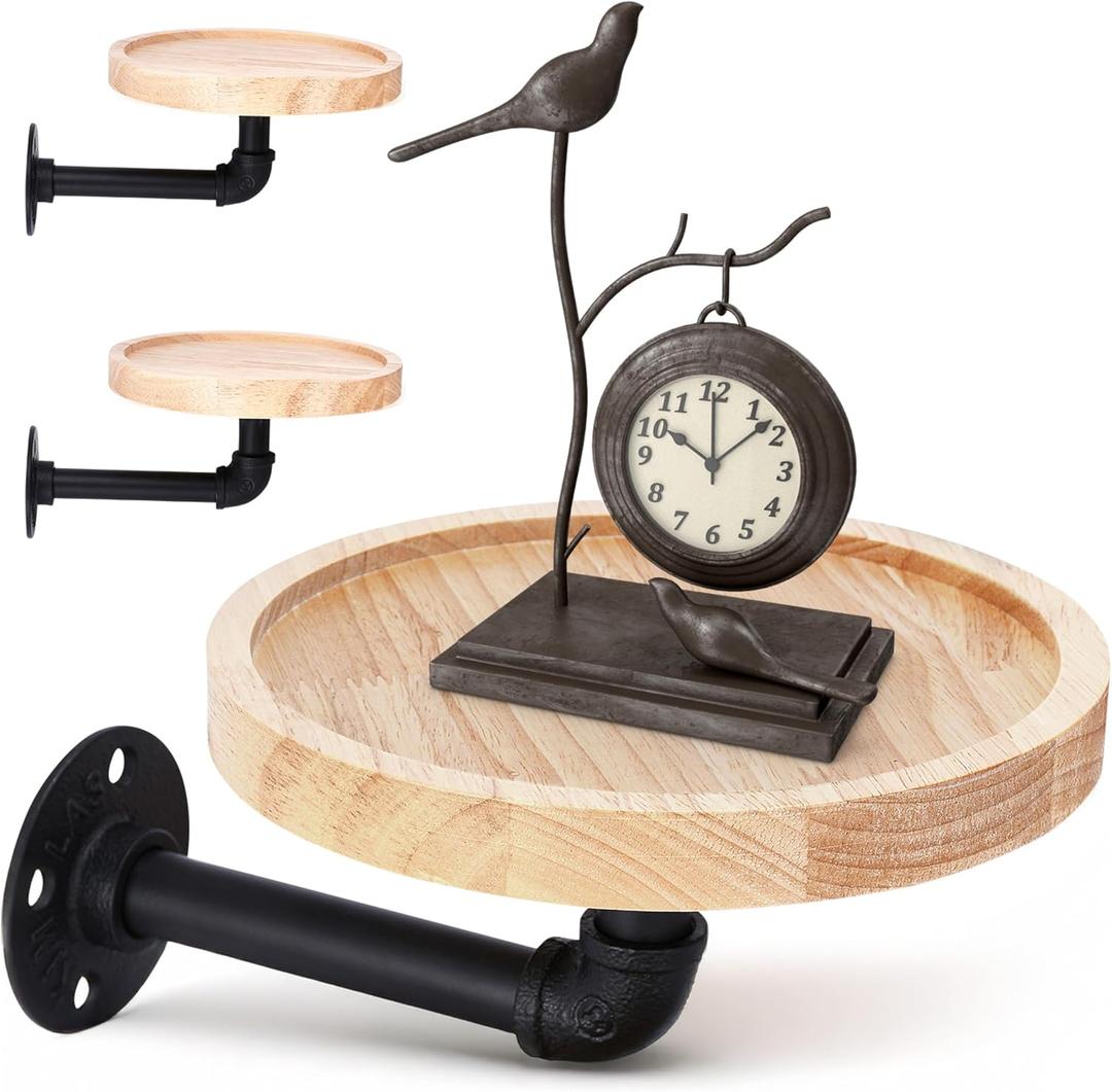 WHOLE HOUSEWARES Pipe Shelf with Round Floating Shelves - Set of 2 | Rustic Industrial Style with Metal Pipe Brackets | 7.1 x 3.3 Inches | Stylish Wall-Mounted Storage for Home Decor