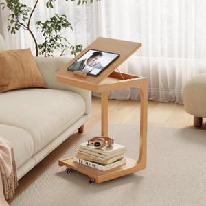 AQIMUELE Wooden C-Shaped End Table,Couch Table with Adjustable Desktop,Small Rolling Side Table with 2 Lockable Wheels,Small End Table for Couch, Living Room,Bedroom (Natural)