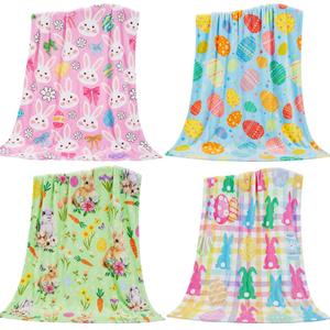 Tegeme 4 Pack Easter Bunny Eggs Blanket 50 x 60 Inch Easter Flannel Throw Blanket, Cute Bunny Rabbit Egg Flower Leaves for Lightweight Soft and Warm Blankets for Sofa Living Room (Mixed)