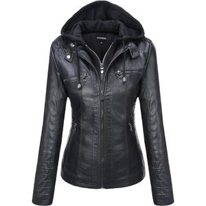 Faux Leather Jacket For Women Removable Hooded Moto Biker Outwear Coat, XXL