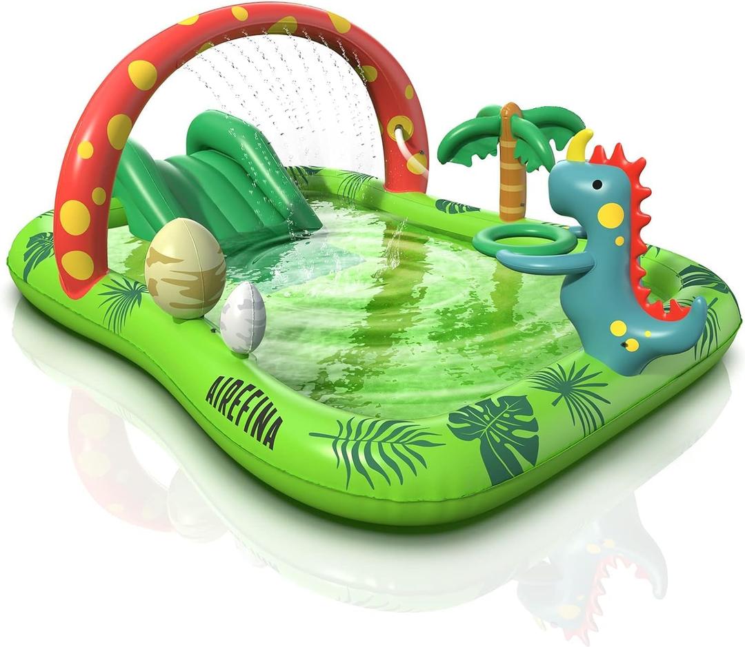 Inflatable Kids Pool, Airefina Dino Planet Inflatable Play Center Kiddie Pool with Water Slide, Ultra Thick 97"x76"x41" Toddler Pool with Play Ball Hoop, for Backyard, Garden, Water Park, Ages 3+