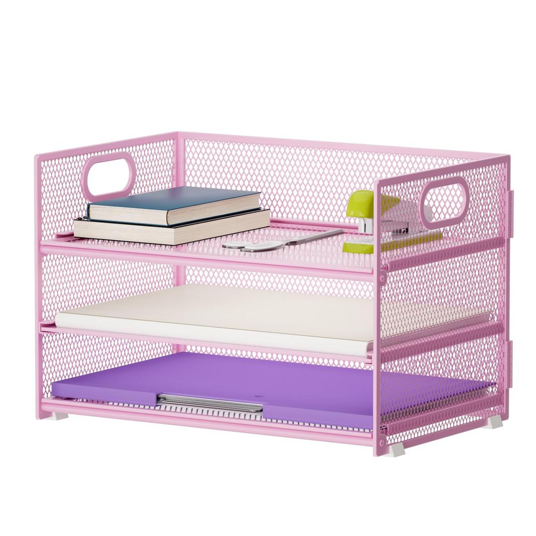 Marbrasse 3 Tier Paper Organizer Letter Tray, Mesh File Organizer with Handle, Paper Sorter Desk Organizer for Home Office Supplies(Pink)