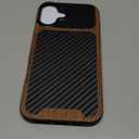 TENDLIN Compatible with iPhone 16 Plus Phone Case Wood Grain with Carbon Fiber Texture Design Leather Hybrid Slim Case (Black)