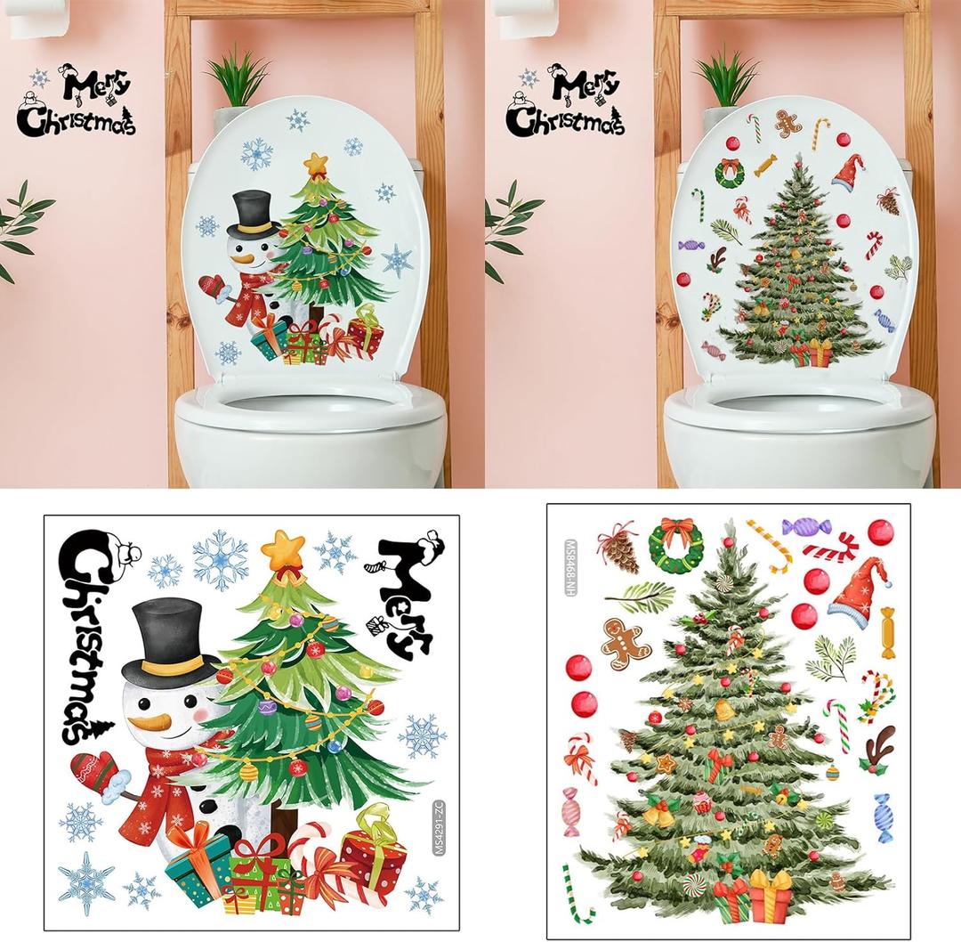 2Pcs Christmas Toilet Stickers Xmas Christmas Tree Snowflake Snowman Pattern Wall Decals Window Glass Bathroom Self-Adhesive Stickers Decoration for Home Decor Merry Christmas Supplies