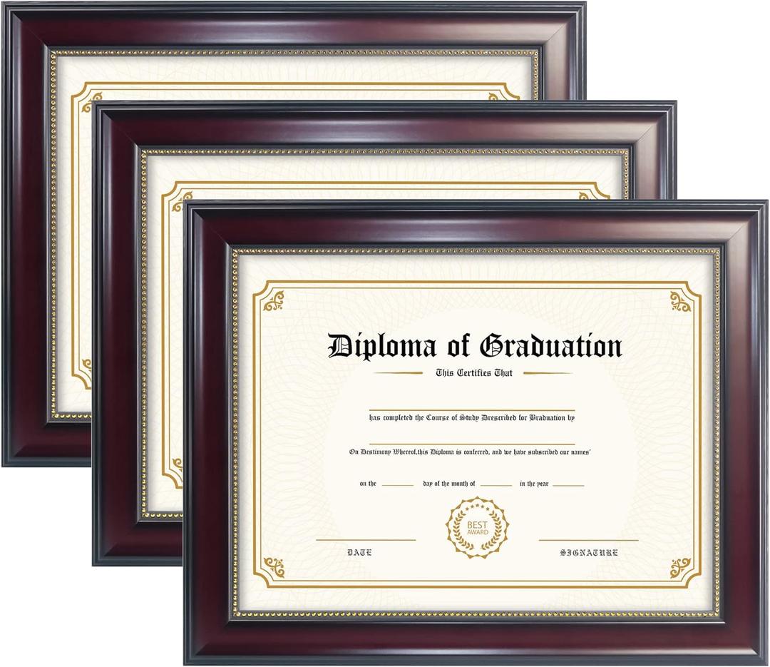 GraduatePro 11x14 Diploma Frame Display 8.5x11 Document Certificate, Professional Wooden Look with Black Over Gold Double Mat, Real Glass (Mahogany With Gold Beads, 8.5x11/Pack of 3)